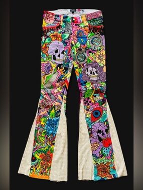 BNWOT RARE Limited Edition TRIPP NYC  Graffiti Graphic Flared Denim Pants